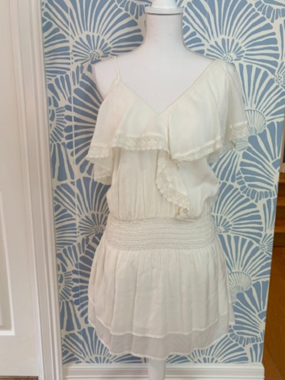 Revolve Paige Cecelia Dress White Cotton Asymmetrical Ruffle Shoulder Sz S - Picture 2 of 7